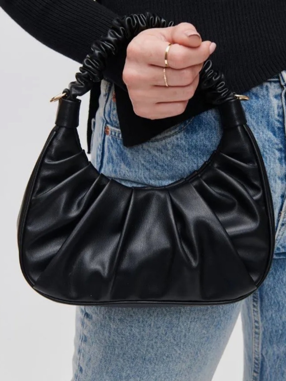 Black Ruched Shoulder Bag - Classic Women's Hobo